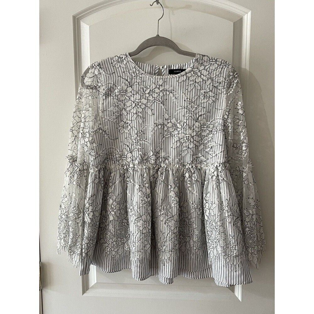 Lumie Black & White Lace Top Size S Bell Sleeves Striped Underlay Babydoll